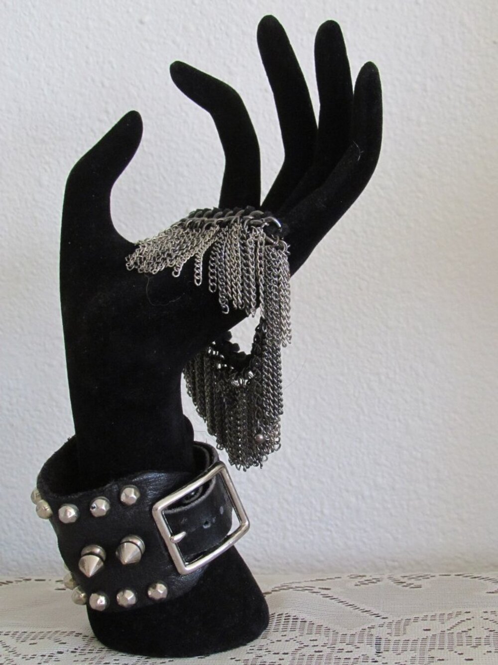 SPIKE LEATHER CUFF + METAL FRINGE BRACELET, EDGY JEWELRY for COSTUME, TECHWEAR